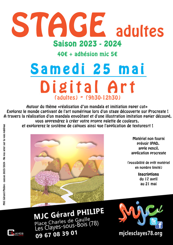 Affiche stage adultes digital art mai 2024 w00