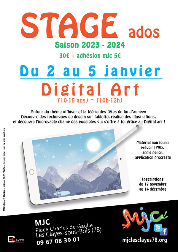 Affiche stage ados digital art décembre 2023 w00
